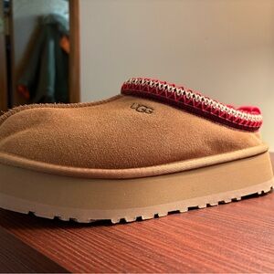UGG Tan Suede Slippers with Red and White Trim